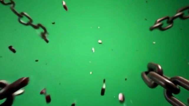 A close up of broken metal chains on a green screen background with debris and fractured links