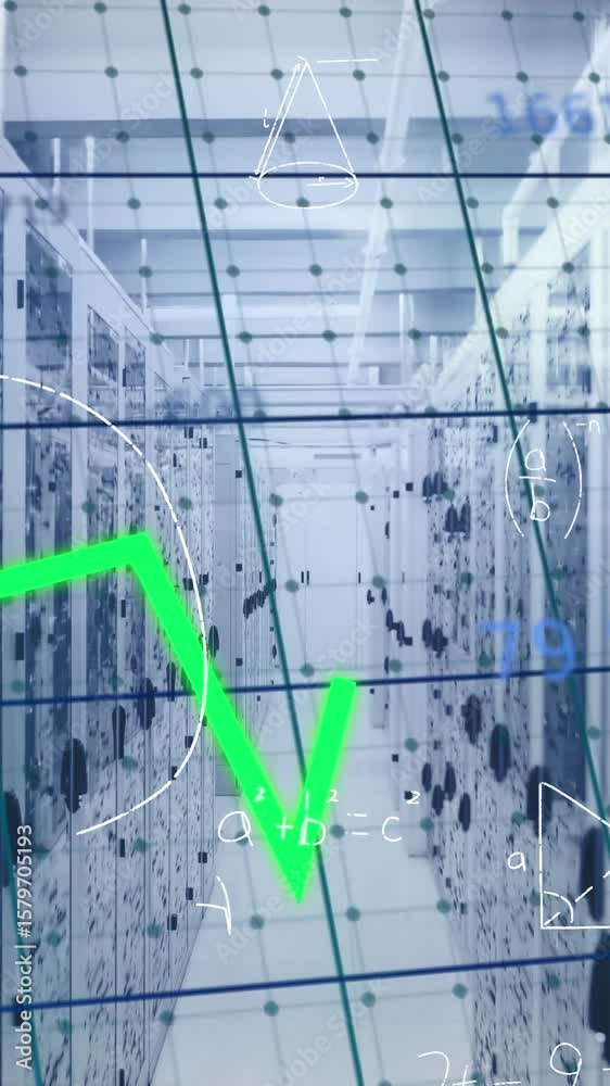 Poster animation of mathematical equations and graphs over grid network against computer server room