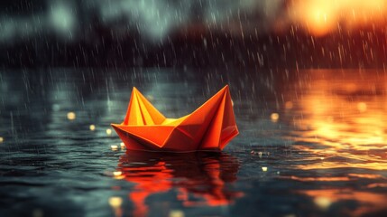 Orange paper boat on water in the rain