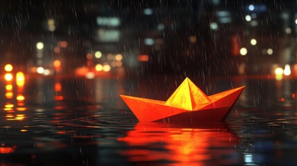 Paper boat on a rainy night