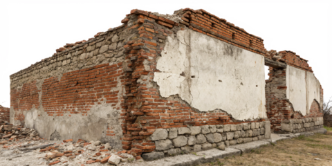 old destroyed brick and stone wall, transparent background