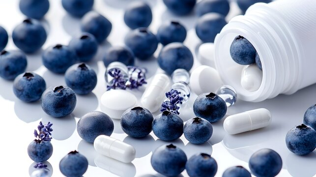 An assortment of fresh ripe blueberries scattered across a table alongside various dietary supplement capsules and pills