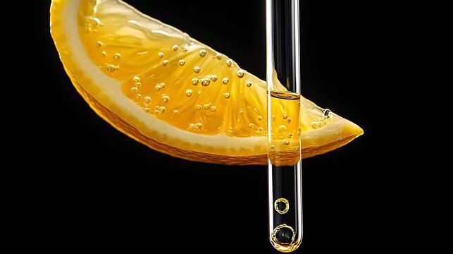 Close up of a fresh lemon wedge dripping its vibrant yellow liquid into a transparent glass vial capturing the essence of nature s pure ingredients