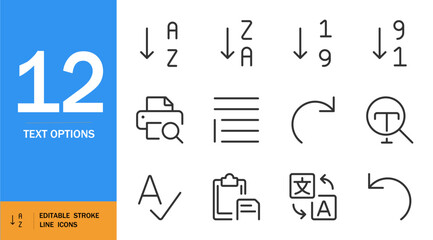 Text options icon set. Minimal linear vector icons for AI text editing, trimming, and font control. Includes symbols like numbers, arrows, checkmarks, and tools. Editable thin line design.