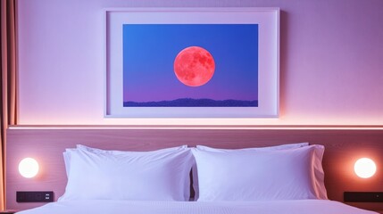 A bedroom with a framed artwork of a red moon