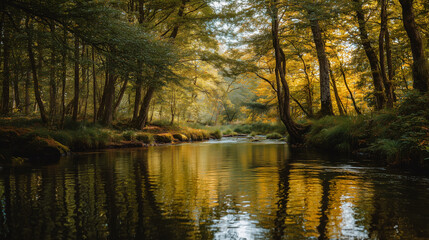 Obraz premium Serene forest stream reflecting golden autumn foliage and trees with dappled sunlight