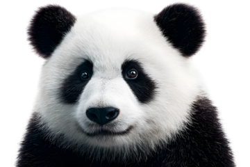 Closeup of giant panda face with black and white fur isolated on transparent background