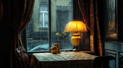 A warm interior scene by a rainy window