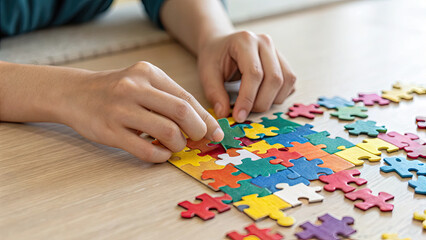 Neuro rehab concept. Person assembling a colorful puzzle on a wooden table.