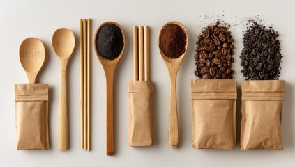 Sustainable coffee ingredients arranged on white background.  Possible packaging use