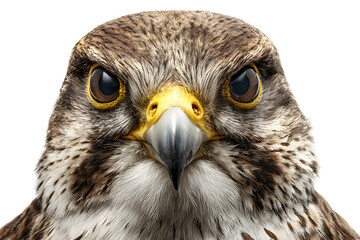 Close-up of falcon head with sharp beak and intense gaze isolated on transparent background