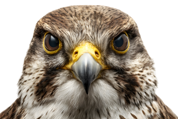 Close-up of falcon head with sharp beak and intense gaze isolated on transparent background