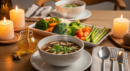 Healthy Vegetable Soup with Fresh Broccoli Carrots Asparagus and Mushrooms in White Bowls