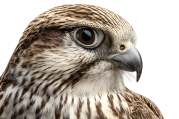 Close-up of falcon head with sharp beak and intense gaze isolated on transparent background