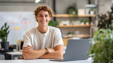 A young entrepreneur working in a startup office.	A young, energetic entrepreneur works on a laptop at a creative, open-plan startup office, looking confident and determined.
