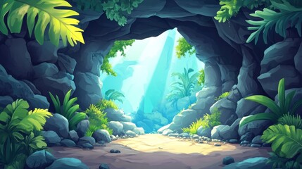 Lush cave opening onto a vibrant landscape