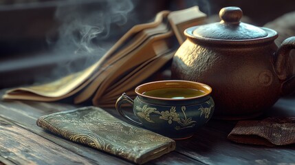 Still life of tea, books, and a vintage-style teapot