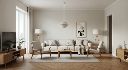 Fototapeta premium A bright, modern living room with neutral tones and minimalist furniture.