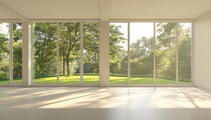 Fototapeta premium Spacious, sunlit room with large windows overlooking a garden