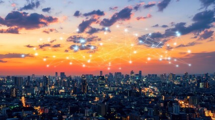 Connected Cityscape:  A Networked Metropolis at Sunset