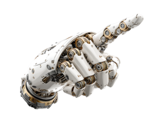 A white robotic hand with one finger pointing to the right isolated on a transparent background