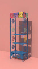 Colorful mexican style shelf unit adorned with paper decorations ready for presentation.