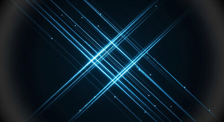 Abstract blue lines intersect, creating a dynamic and glowing visual effect against a dark background.