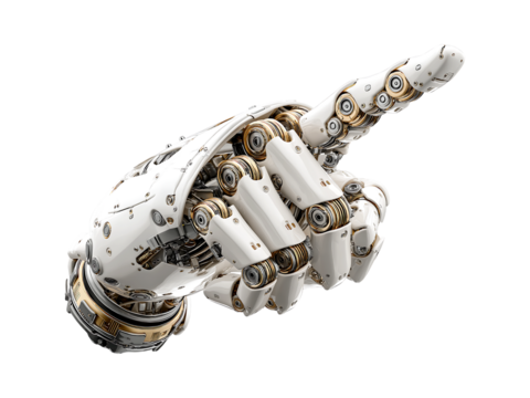 A white robotic hand with one finger pointing to the right isolated on a transparent background
