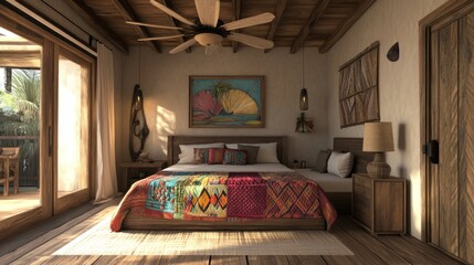 Cozy bedroom with wooden accents and colorful textiles