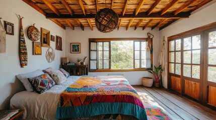 Cozy bedroom with vibrant textiles and natural light