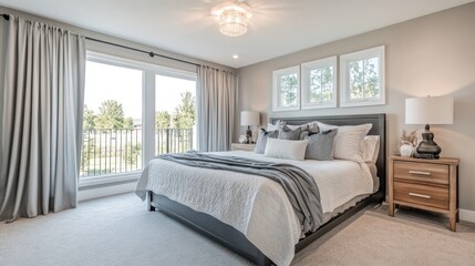 Modern bedroom with large windows