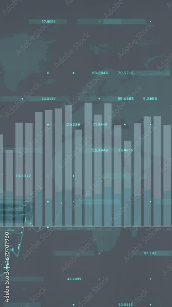 Poster animation of statistical data processing over world map against inverted tall buildings