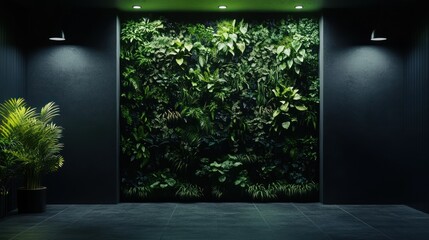 Dark room with lush vertical garden