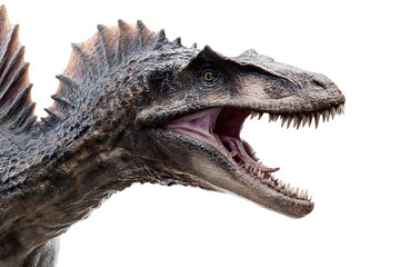 Fototapeta premium Close-up view of a realistic 3D spinosaurus dinosaur with detailed textures and fierce expression, isolated on transparent background