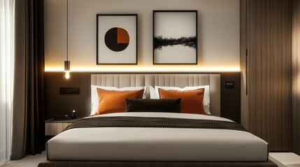 Modern bedroom interior with art and lighting