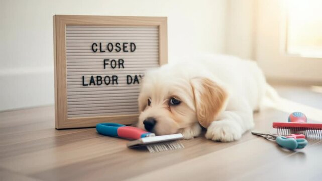 Adorable Puppy Closed for Labor Day Holiday Shutdown with Cute Golden Retriever.