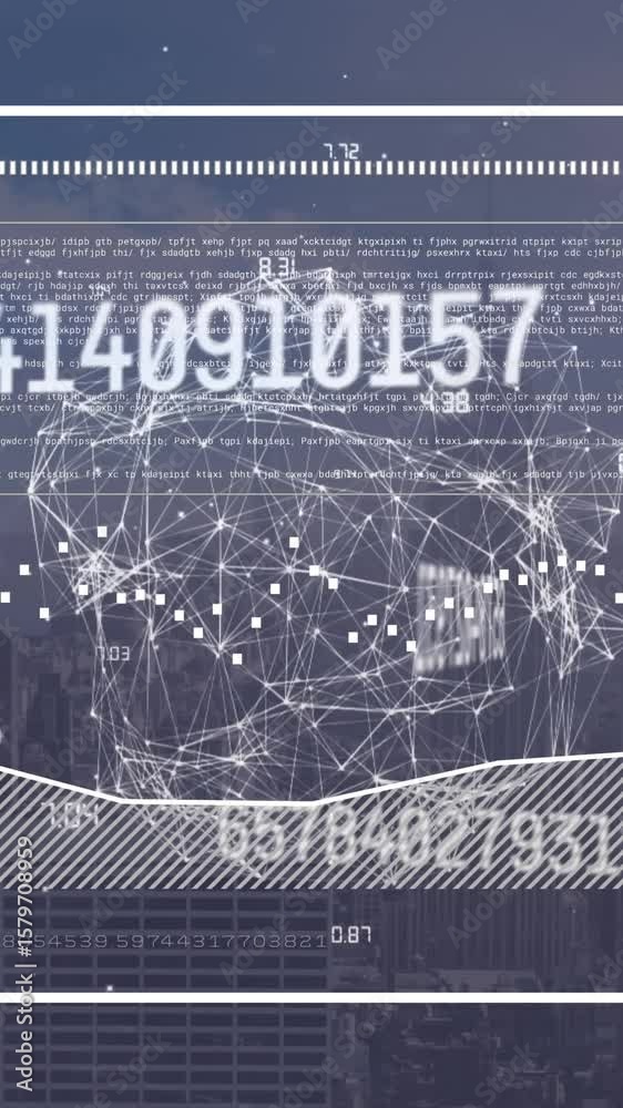 Poster animation of screen with computer language, moving graph and changing numbers over cityscape