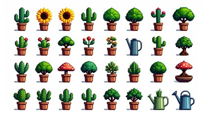 Pixel art potted plants and watering can