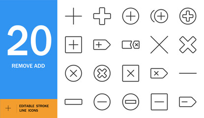 Remove add icon set. Minimal thin line vector symbols. Plus minus sign collection. Includes arrows, squares, circles, positive negative expressions. Editable flat design.