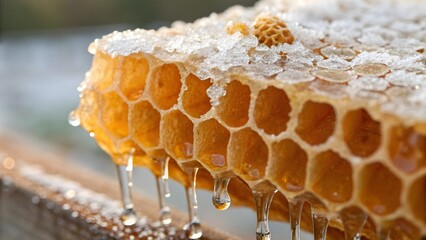 Macro honeycomb texture with frozen honey droplets—contrast of icy clarity and warm amber. Artistic food‑beauty fusion, ideal for gourmet, skincare, or natural ingredient campaigns.