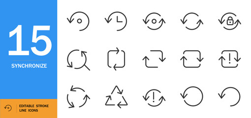 Synchronize icon set. Minimalist vector arrows and circular symbols. Includes sync, reload, refresh, recycle, loop, update, and more. Clean monochrome line art.