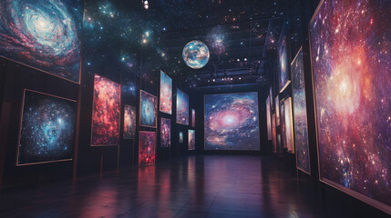 A digital art gallery powered by blockchain, where collectors use cryptocurrency to purchase NFTs of masterpieces, 