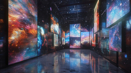 A digital art gallery powered by blockchain, where collectors use cryptocurrency to purchase NFTs of masterpieces, 