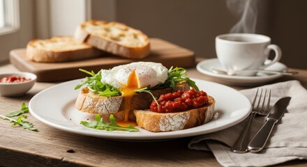 Steaming Coffee and Savory Breakfast with Poached Egg on Toast in Cozy Kitchen