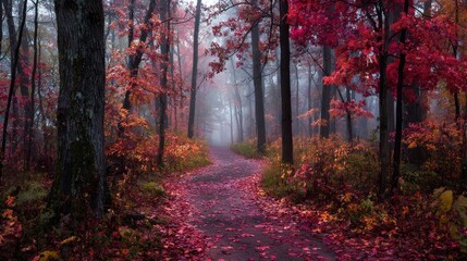 Naklejka premium Winding forest path covered in crimson autumn leaves