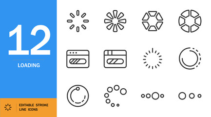 Loading icon set. Minimal line art vector design. Includes progress bars, RTX, beaded border, VOLUME text elements. Editable stroke for web, UI, app design.