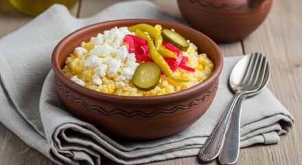 Traditional Cornmeal Dish in Clay Bowl with Pickles and Garnishes on Wooden Table