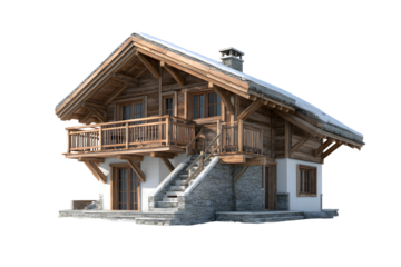 Rustic alpine wooden chalet with stone base and snowy roof isolated on transparent background