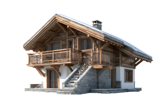 Rustic alpine wooden chalet with stone base and snowy roof isolated on transparent background