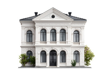 Fototapeta premium Elegant classic european style mansion with ornate columns and arched windows on white stone facade isolated on transparent background